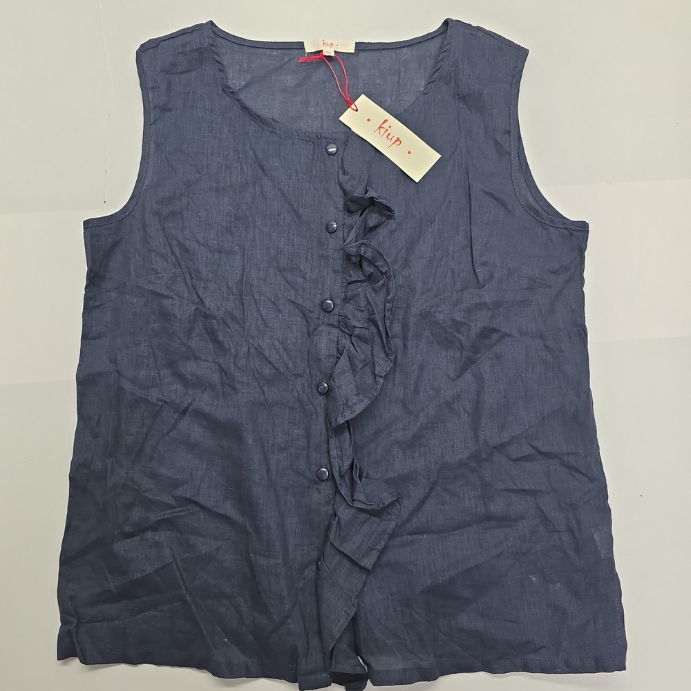 NWT Kiup Navy Blue Linen Blend Ruffle Button Front Sleeveless Top KT1006
